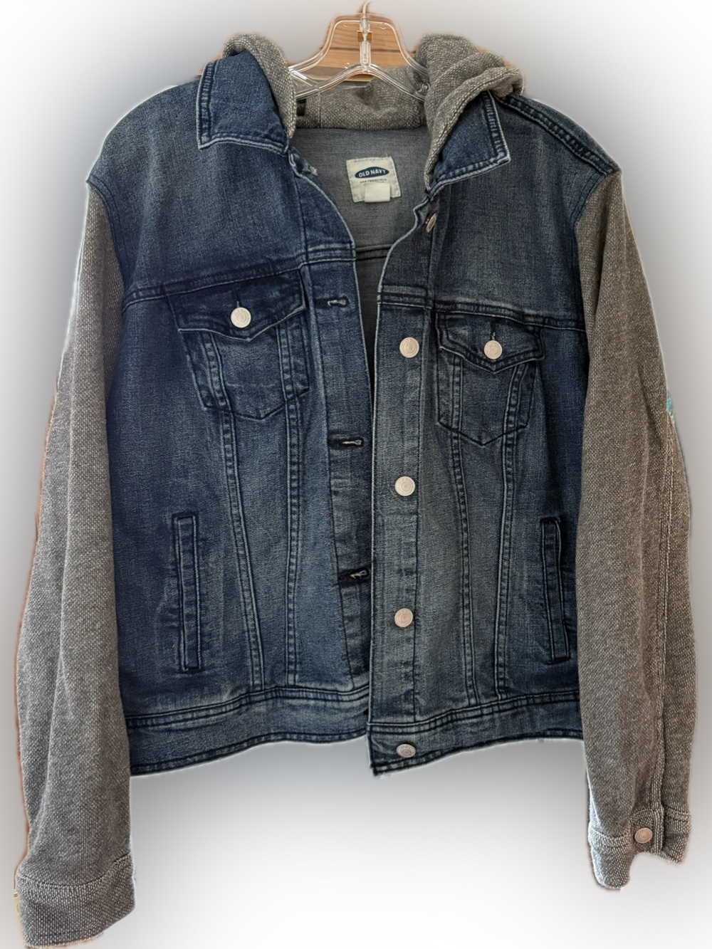 Old Navy Blue Denim Jacket with Gray knit Hoodie Sleeves XXL